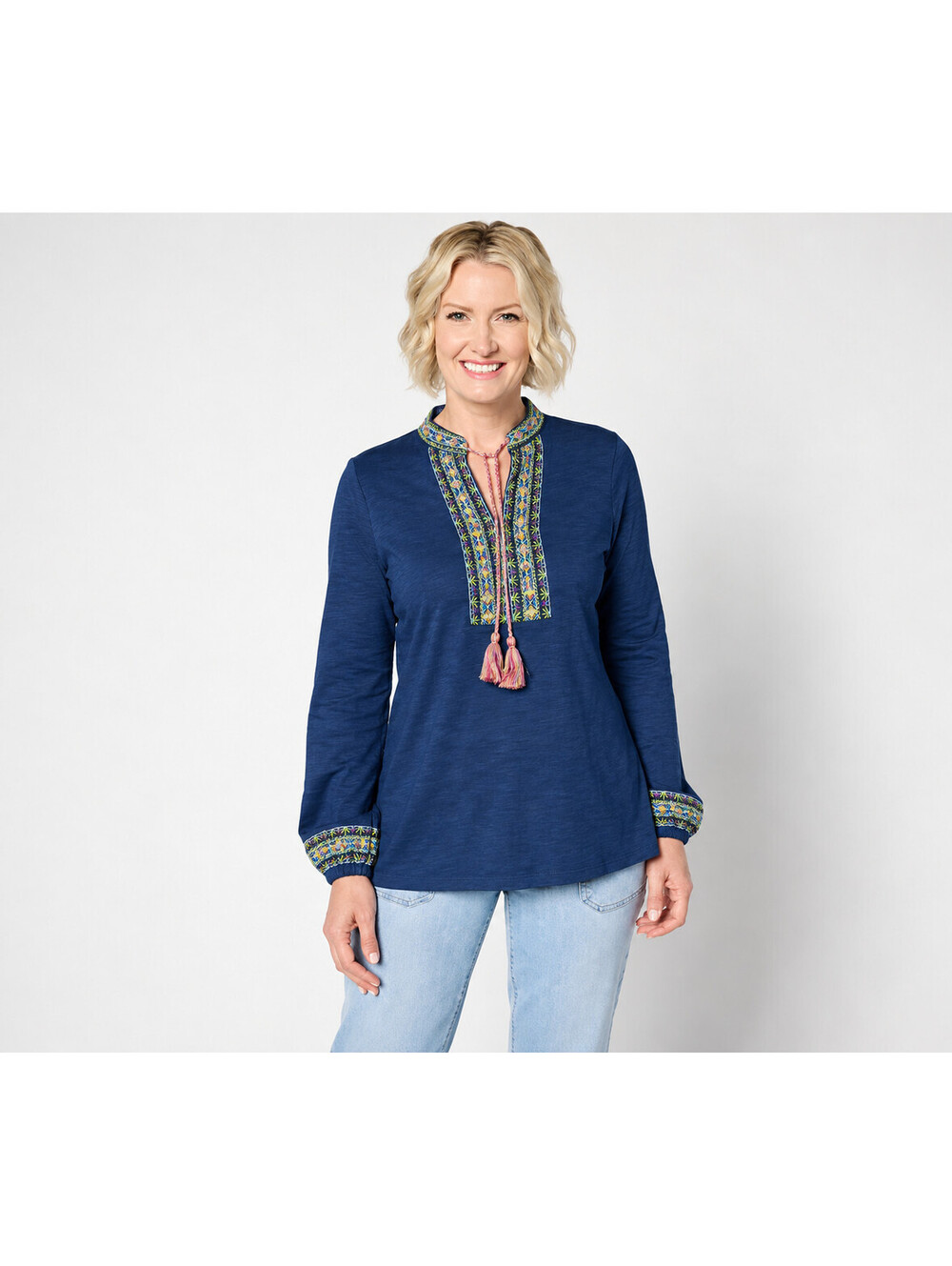 Belle by Kim Gravel Knit Balloon Sleeve Embroidered Tassel Top Indigo, Small
